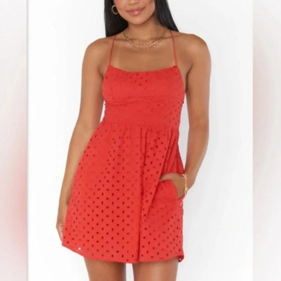 Show me your MUMU orange/red eyelet fit/flare strappy Mini Dress NWT size Medium - Picture 4 of 10